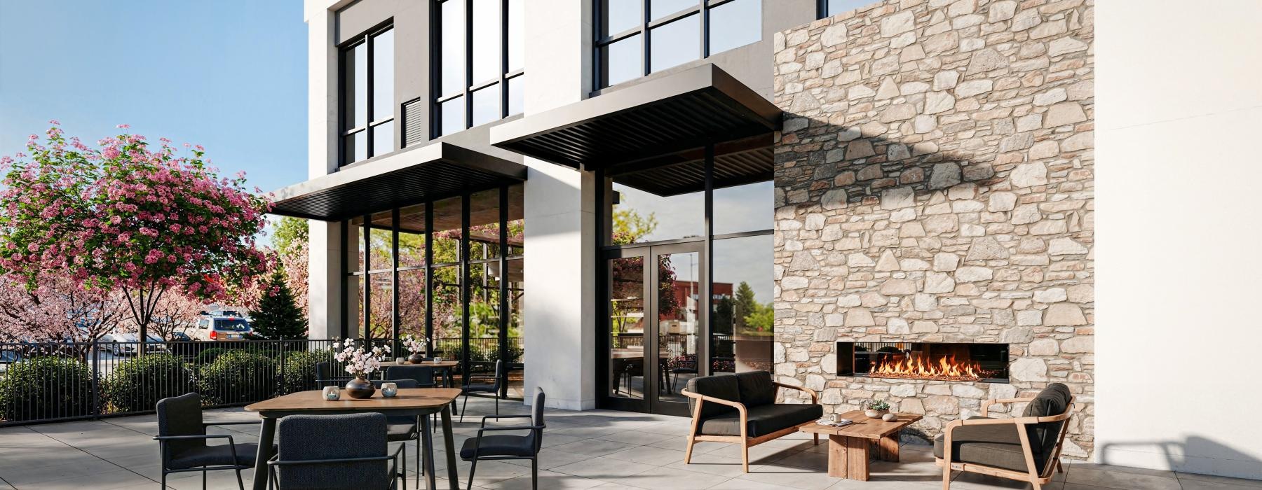 a patio with a table and chairs outside a building and a fireplace