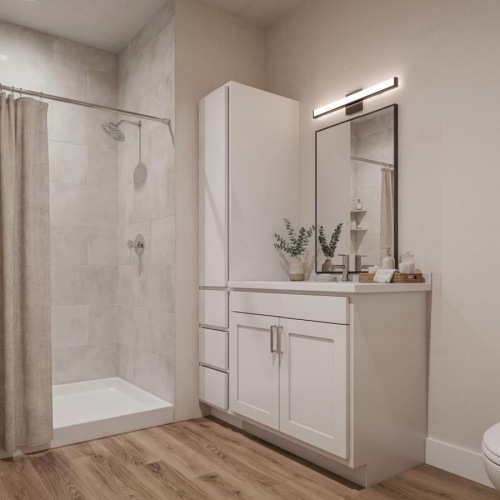 a bathroom with a standup shower