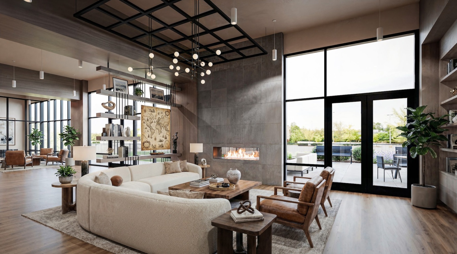 a spacious clubroom/lounge with a fireplace