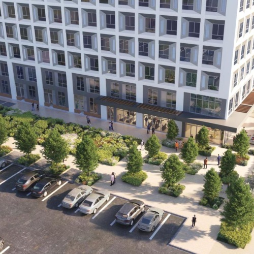 a parking lot in front of a building