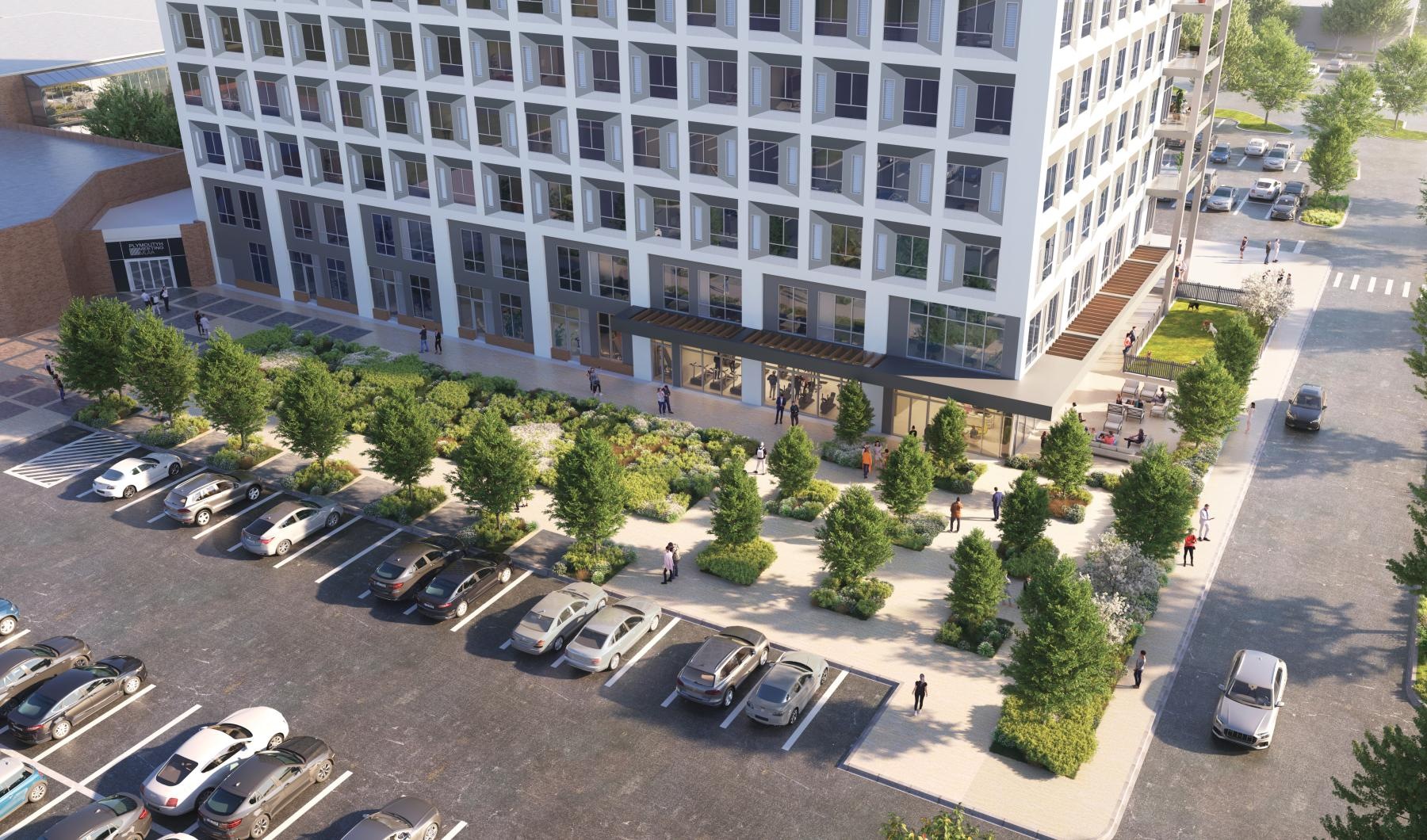 a parking lot in front of a building