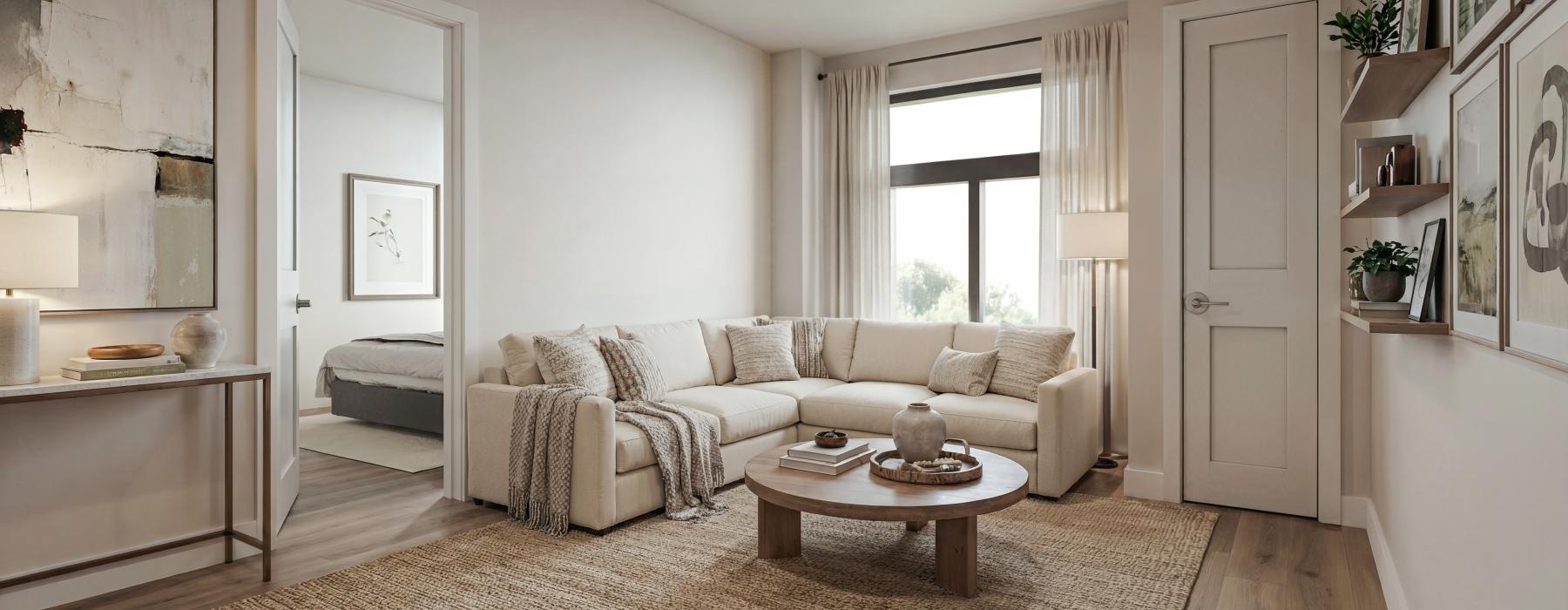 a living room with a couch and a coffee table